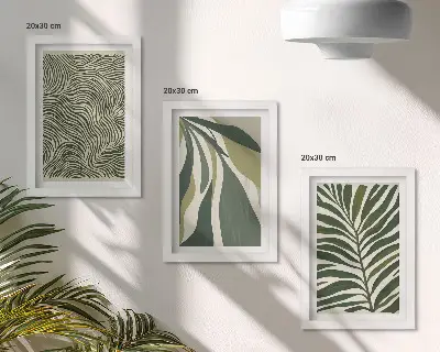 Photo frame wall with leaf patterns and wavy lines in green shades