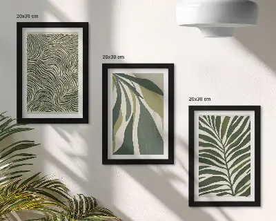 Photo frame wall with leaf patterns and wavy lines in green shades