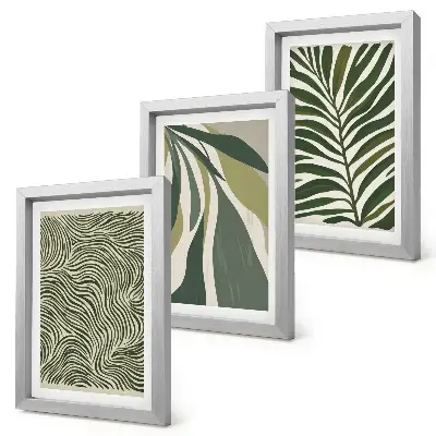 Photo frame wall with leaf patterns and wavy lines in green shades
