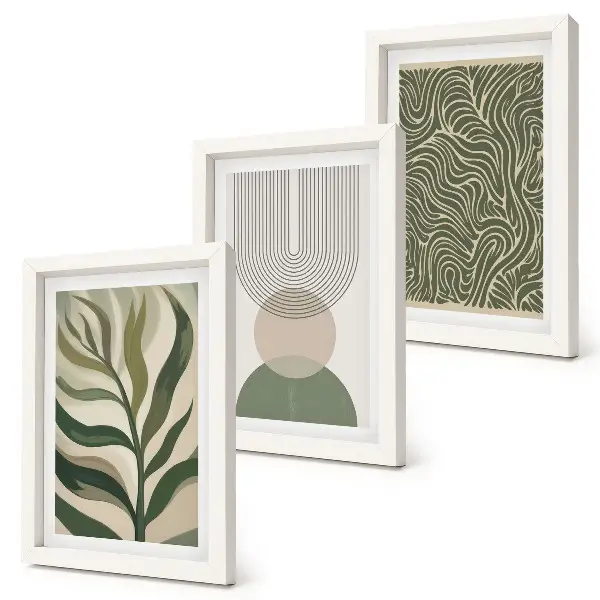 Photo frame wall with abstract leaves and geometric shapes