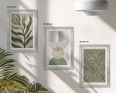 Photo frame wall with abstract leaves and geometric shapes