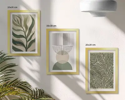 Photo frame wall with abstract leaves and geometric shapes