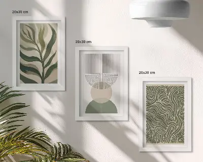 Photo frame wall with abstract leaves and geometric shapes