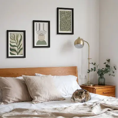Photo frame wall with abstract leaves and geometric shapes