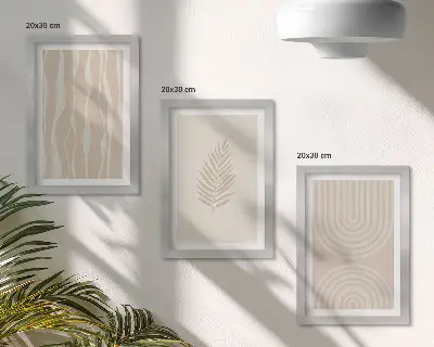 Framed triptych featuring plant motifs in shades of beige