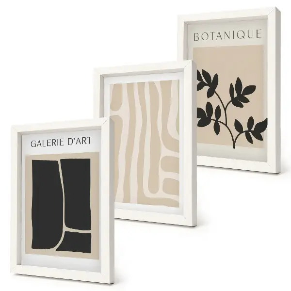 Photo frame wall gallery with abstract shapes and plant motifs in neutral tones