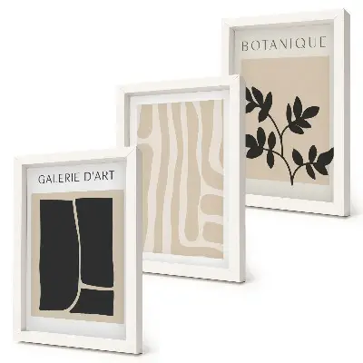 Photo frame wall gallery with abstract shapes and plant motifs in neutral tones