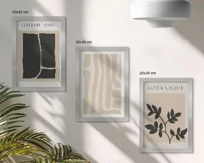 Photo frame wall gallery with abstract shapes and plant motifs in neutral tones