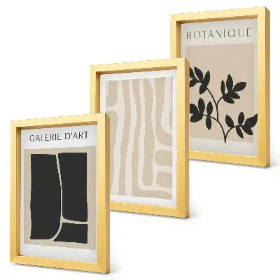 Photo frame wall gallery with abstract shapes and plant motifs in neutral tones