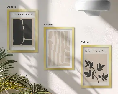 Photo frame wall gallery with abstract shapes and plant motifs in neutral tones