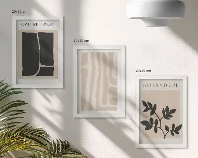 Photo frame wall gallery with abstract shapes and plant motifs in neutral tones