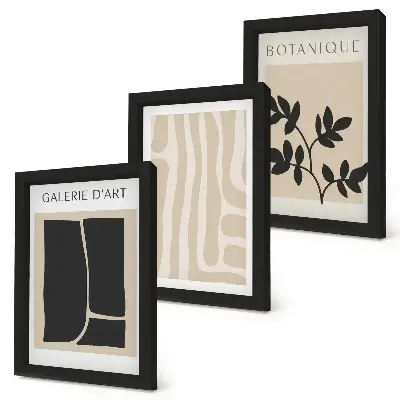 Photo frame wall gallery with abstract shapes and plant motifs in neutral tones