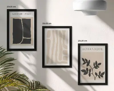 Photo frame wall gallery with abstract shapes and plant motifs in neutral tones