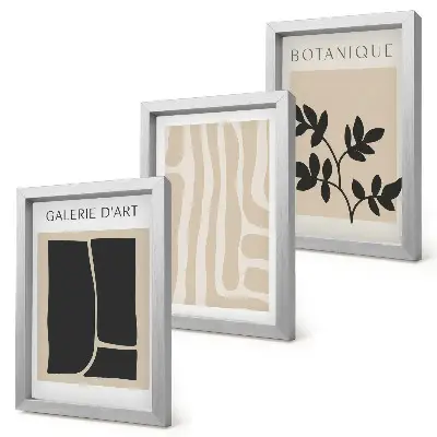 Photo frame wall gallery with abstract shapes and plant motifs in neutral tones