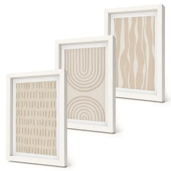 Abstract patterns triptych in shades of beige and white with frames