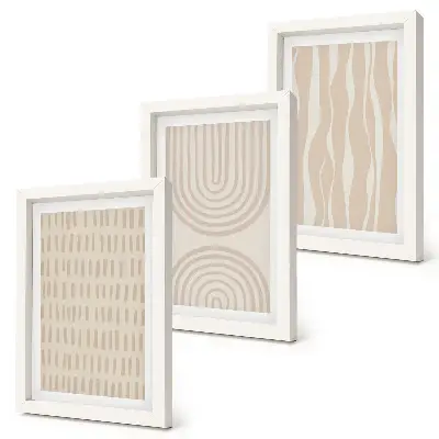 Abstract patterns triptych in shades of beige and white with frames