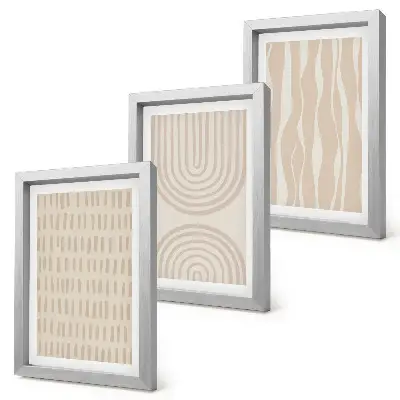 Abstract patterns triptych in shades of beige and white with frames