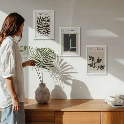 3-piece wall art set with minimalist plant and abstract patterns