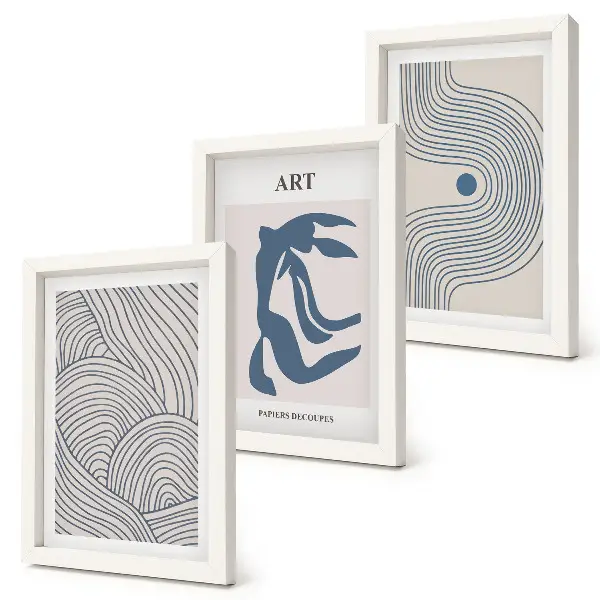 Framed triptych Abstract patterns of lines and shapes in shades of blue
