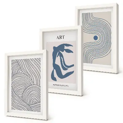 Framed triptych Abstract patterns of lines and shapes in shades of blue