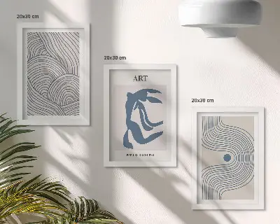 Framed triptych Abstract patterns of lines and shapes in shades of blue