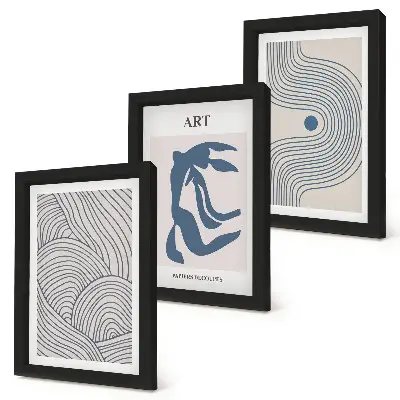 Framed triptych Abstract patterns of lines and shapes in shades of blue