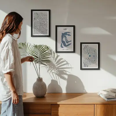 Framed triptych Abstract patterns of lines and shapes in shades of blue
