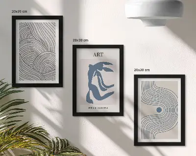 Framed triptych Abstract patterns of lines and shapes in shades of blue