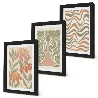 3-piece wall art set pastel floral illustrations with wavy abstract designs