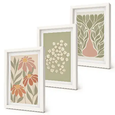Photo frame wall with floral motifs, minimalist patterns, and boho style