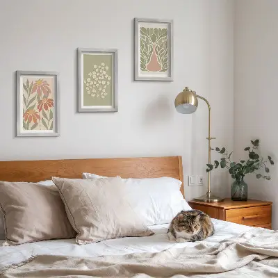Photo frame wall with floral motifs, minimalist patterns, and boho style