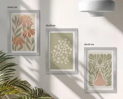 Photo frame wall with floral motifs, minimalist patterns, and boho style