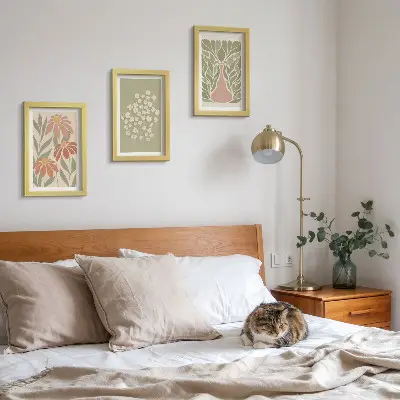Photo frame wall with floral motifs, minimalist patterns, and boho style