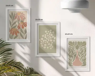 Photo frame wall with floral motifs, minimalist patterns, and boho style