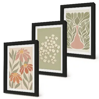 Photo frame wall with floral motifs, minimalist patterns, and boho style