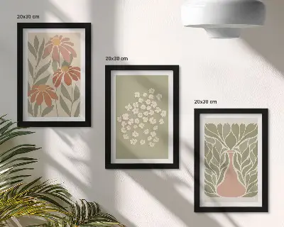 Photo frame wall with floral motifs, minimalist patterns, and boho style