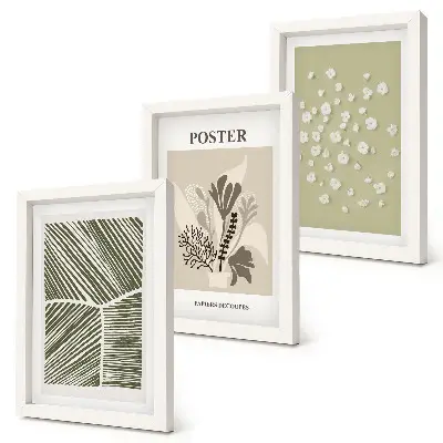 Photo frame wall with plant motifs in subdued colors and patterns