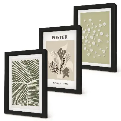 Photo frame wall with plant motifs in subdued colors and patterns