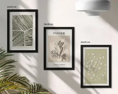 Photo frame wall with plant motifs in subdued colors and patterns