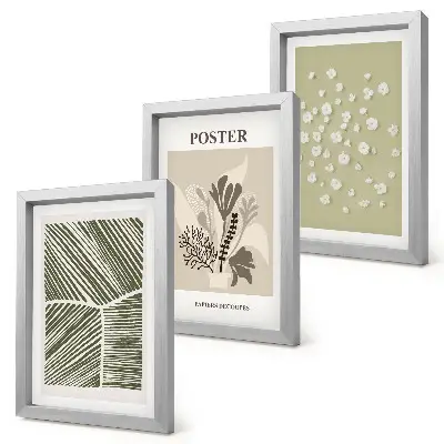 Photo frame wall with plant motifs in subdued colors and patterns