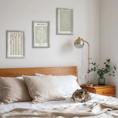 Abstract plant patterns in subdued colors framed triptych