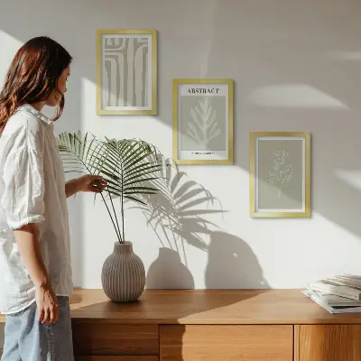 Abstract plant patterns in subdued colors framed triptych
