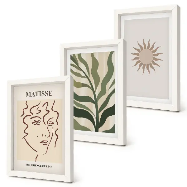 Photo frame wall with abstract plant patterns and lines in muted colors