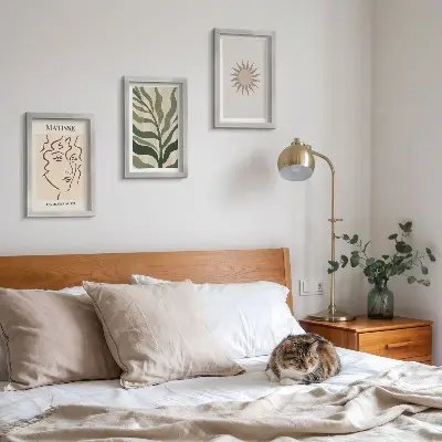 Photo frame wall with abstract plant patterns and lines in muted colors