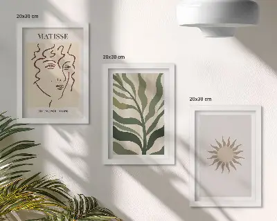 Photo frame wall with abstract plant patterns and lines in muted colors