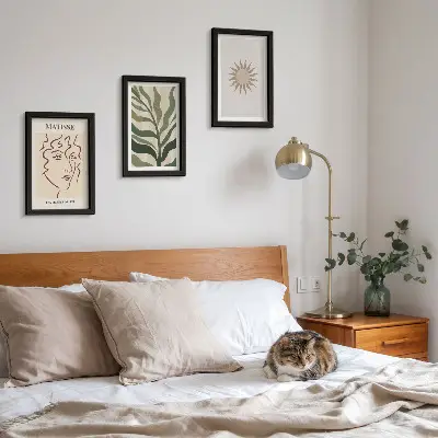 Photo frame wall with abstract plant patterns and lines in muted colors