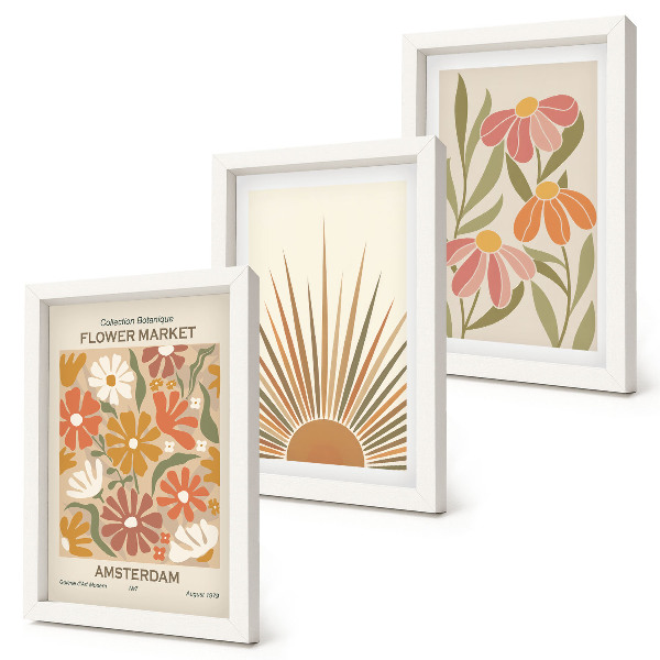 Framed triptych Flowers in pastel colors with sun rays