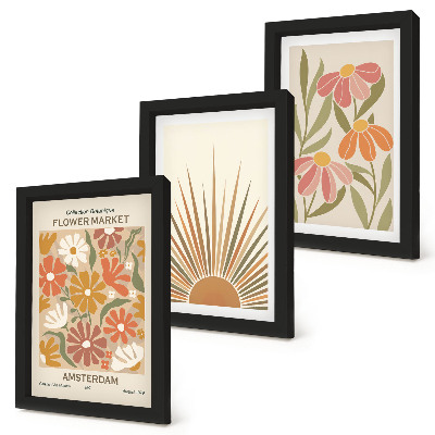 Framed triptych Flowers in pastel colors with sun rays