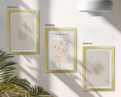 Photo frame wall featuring a collection of minimalist forms and natural shapes