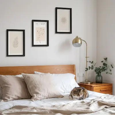 Photo frame wall featuring a collection of minimalist forms and natural shapes
